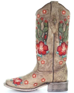 Corral Women's Cactus Floral Embroidery Overlay Western Boots - Square Toe -Shoes Promotion Store 2000282865 251 P3