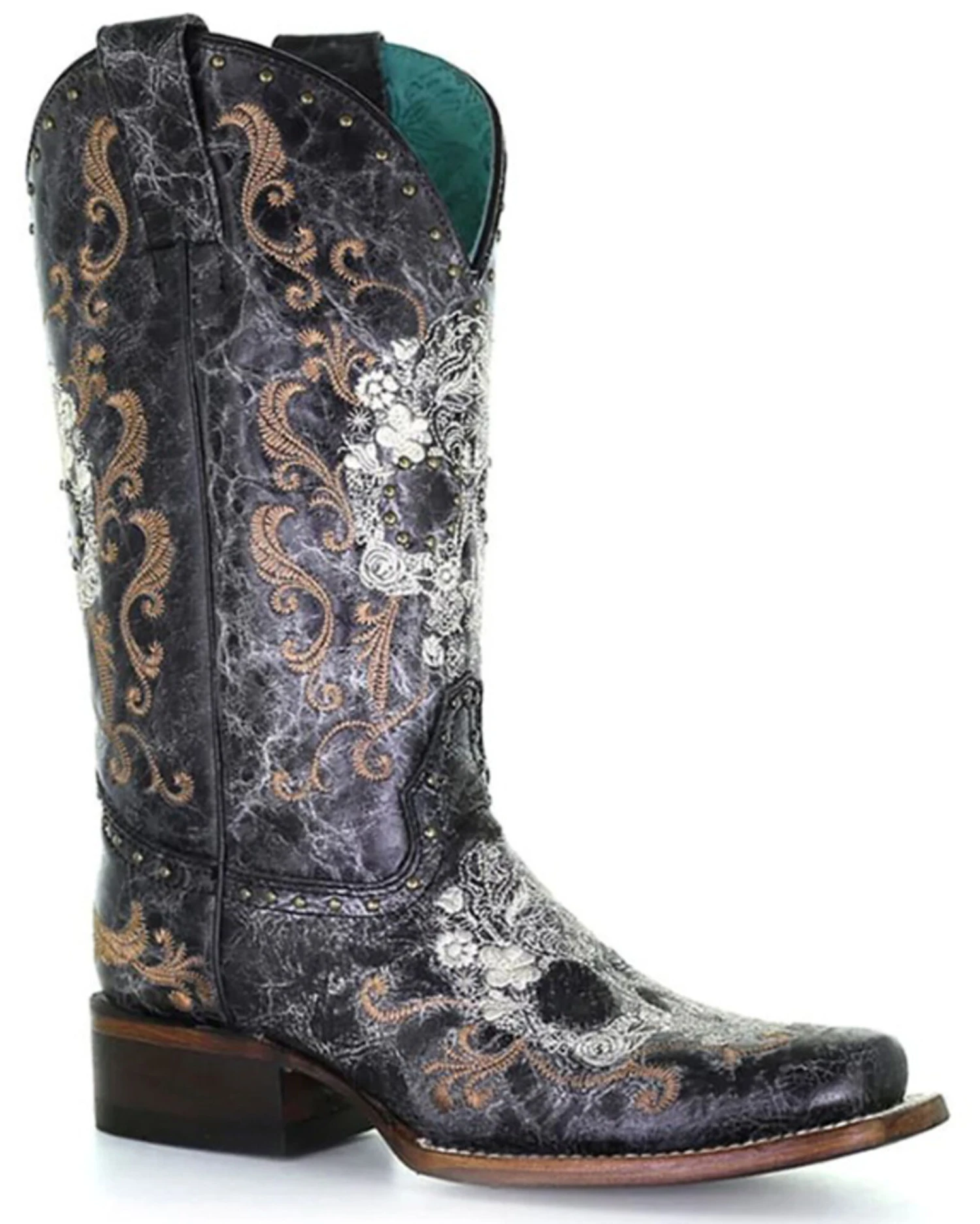 Corral Women's Floral Skull Embroidery & Studs Western Boots - Square Toe 3 Corral Women's Floral Skull Embroidery & Studs Western Boots - Square Toe